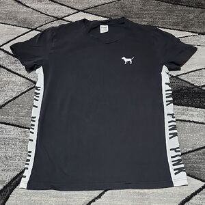 VS PINK 2018 BLACK CAMPUS CREW DOG & SIDE SCRIPT COTTON SHORT-SLEEVE TEE-SHIRT